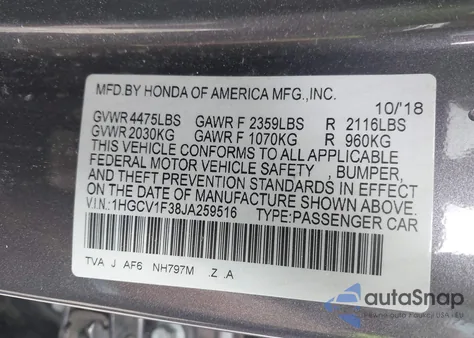 2018 Honda Accord Sport from USA, damaged, VIN 1HGCV1F38JA259516